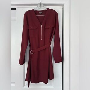 Express Burgundy Zip-Front Long Sleeve Shirt Dress with D-Ring Belt